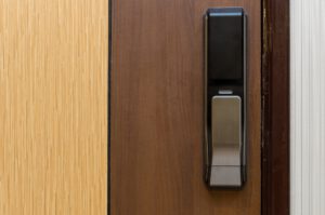 Digital door lock on wooden door